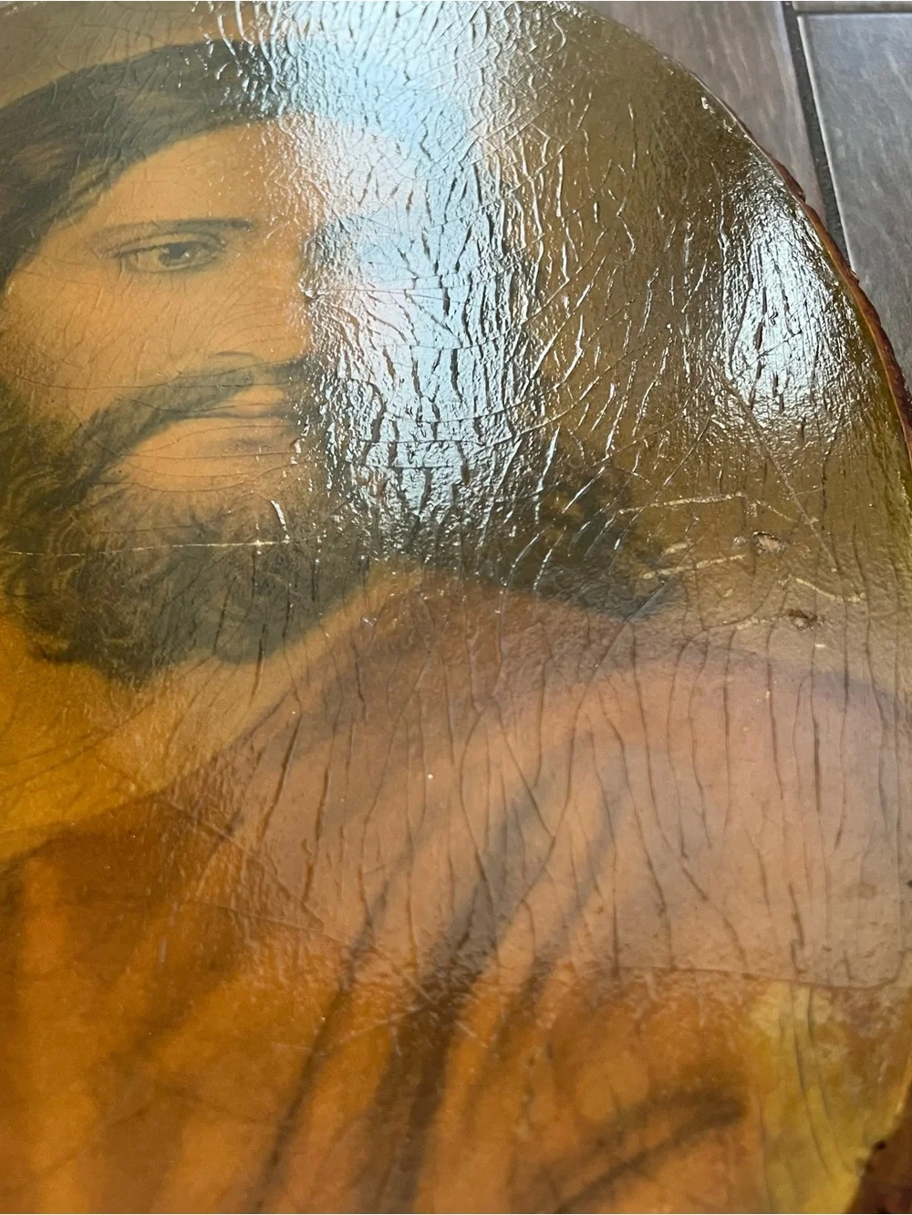 Vintage Decoupage Jesus Head of Christ Wood Slab Wall Hanging
